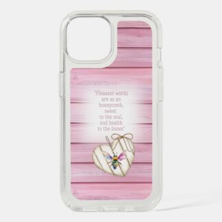Custom Christian Speck Presidio Clear iPhone cover with inspirational faux pink wood, heart, rainbow bee and scripture design