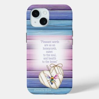 Custom Christian Case-Mate iPhone cover with inspirational faux mauve wood, heart, rainbow bee and faith motifs