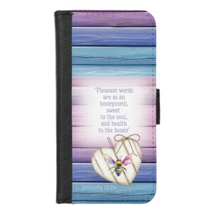 Custom Christian universal faux leather wallet phone case with faux mauve wood, heart, rainbow bee and faith motifs