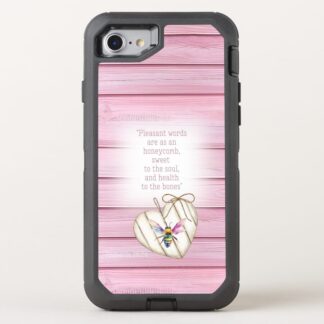 Custom Christian Otter Box Defender iPhone cover with inspirational faux pink wood, heart, rainbow bee and scripture design