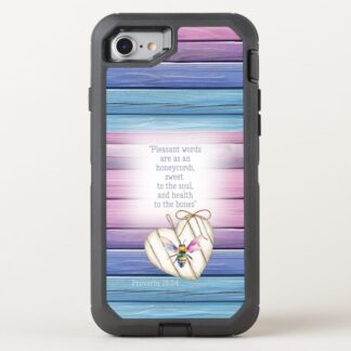 Custom Christian Otter Box Defender iPhone cover with inspirational faux mauve wood, heart, rainbow bee and faith motifs