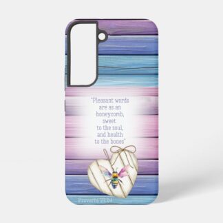 Custom Christian tough glossy phone cover (Samsung & iPhone) with faux mauve wood, heart, rainbow bee and faith motifs