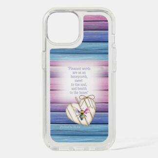 Custom Christian Otter Box Defender iPhone cover with inspirational faux mauve wood, heart, rainbow bee and faith motifs