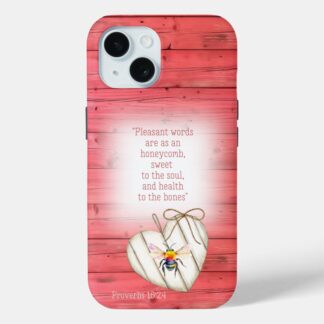 Custom Christian Case-Mate iPhone cover with inspirational faux red wood, heart, rainbow bee and scripture design