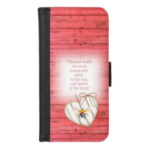 Custom Christian universal faux leather wallet phone case with faux red wood, heart, rainbow bee and scripture design