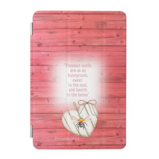 Custom Christian iPad Smart Cover with inspirational faux red wood, heart, rainbow bee and scripture design