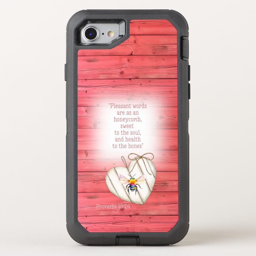 Custom Christian Otter Box Defender iPhone cover with inspirational faux red wood, heart, rainbow bee and scripture design