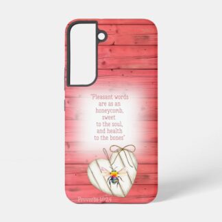 Custom Christian tough glossy phone cover (Samsung & iPhone) with faux red wood, heart, rainbow bee and scripture design