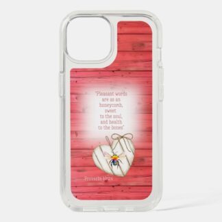 Custom Christian Speck Presidio Clear iPhone cover with inspirational faux red wood, heart, rainbow bee and scripture design