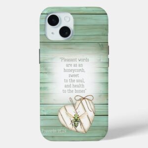Custom Christian Case-Mate iPhone case with inspirational faux green wood, heart, green bee and scripture accents