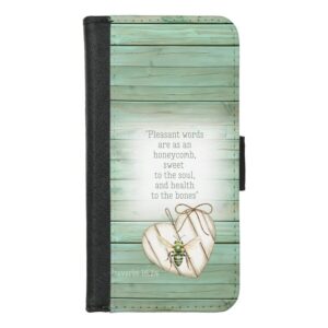 Custom Christian universal faux leather wallet phone case with faux green wood, heart, green bee and scripture accents