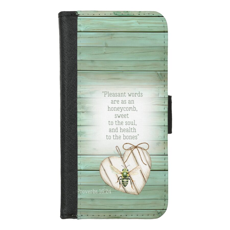 Custom Christian universal faux leather wallet phone cover with faux green wood, heart, green bee and scripture accents