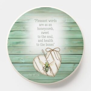 Custom  Christian PopSocket with inspirational faux green wood, heart, green bee and scripture accents
