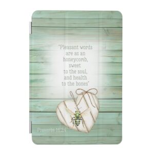 Custom Christian iPad Smart Case with inspirational faux green wood, heart, green bee and scripture accents