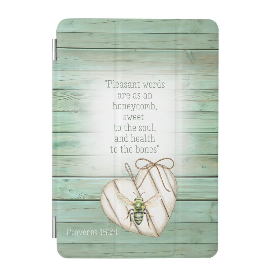 Custom Christian iPad Smart Cover with inspirational faux green wood, heart, green bee and scripture accents