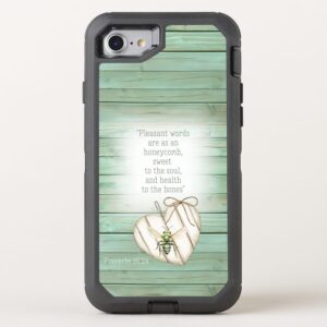 Custom Christian Otter Box Defender iPhone case with inspirational faux green wood, heart, green bee and scripture accents