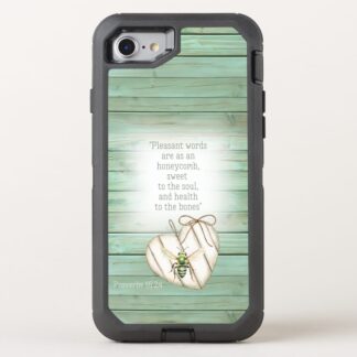 Custom Christian Otter Box Defender iPhone cover with inspirational faux green wood, heart, green bee and scripture accents