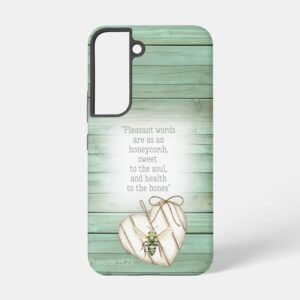 Custom Christian tough glossy phone case (Samsung & iPhone) with faux green wood, heart, green bee and scripture accents 