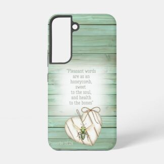 Custom Christian tough glossy phone cover (Samsung & iPhone) with faux green wood, heart, green bee and scripture accents