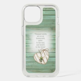 Custom Christian Speck Presidio Clear iPhone cover with inspirational faux green wood, heart, green bee and scripture accents