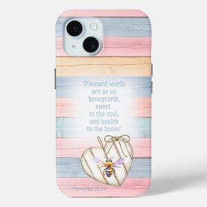 Custom Christian Case-Mate iPhone case with inspirational faux pastel wood, heart, bee and scripture design