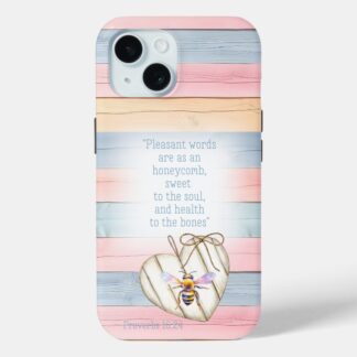 Custom Christian Case-Mate iPhone cover with inspirational faux pastel wood, heart, bee and scripture design