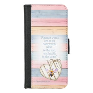 Custom Christian universal faux leather wallet phone case with faux pastel wood, heart, bee and scripture design