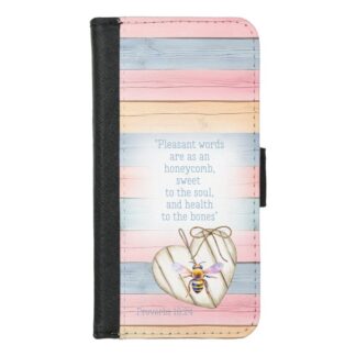 Custom Christian universal faux leather wallet phone cover with faux pastel wood, heart, bee and scripture design