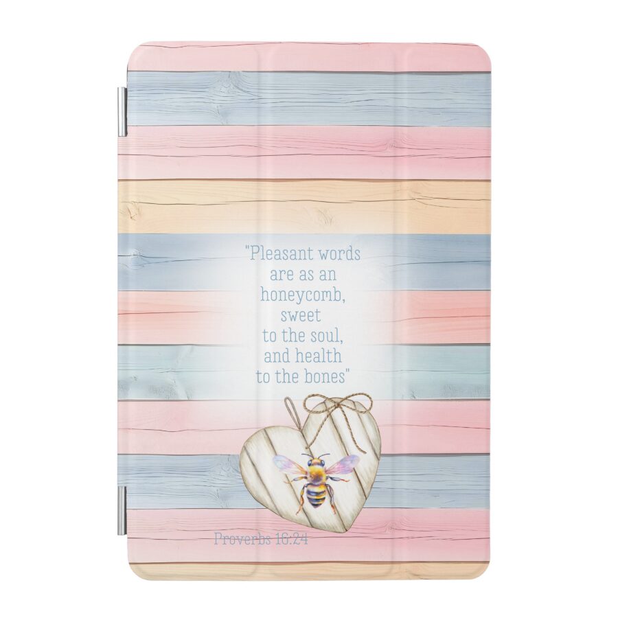 Custom Christian iPad Smart Cover with inspirational faux pastel wood, heart, bee and scripture design