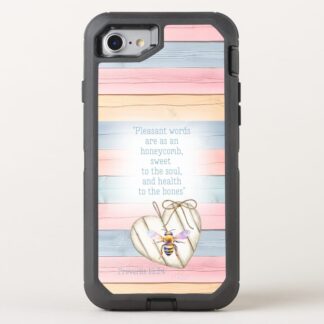 Custom Christian Otter Box Defender iPhone cover with inspirational faux pastel wood, heart, bee and scripture design