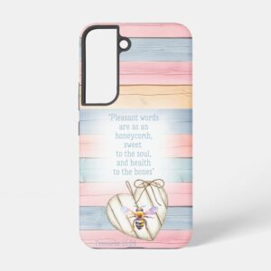 Custom Christian tough glossy phone case (Samsung & iPhone) with faux pastel wood, heart, bee and scripture design