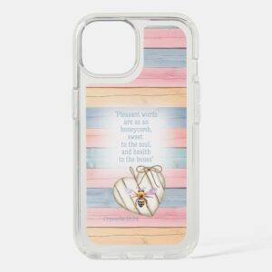 Custom Christian Speck Presidio Clear iPhone case with inspirational faux pastel wood, heart, bee and scripture design