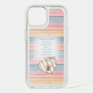Custom Christian Speck Presidio Clear iPhone cover with inspirational faux pastel wood, heart, bee and scripture design