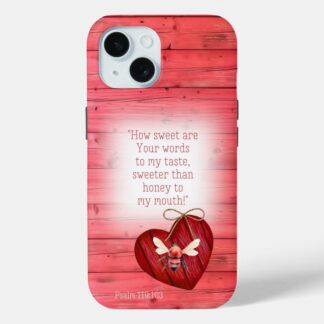 Custom Christian Case-Mate iPhone cover with inspirational faux red wood, heart, orange bee and scripture motifs