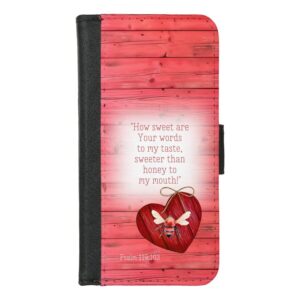 Custom Christian universal faux leather wallet phone case with faux red wood, heart, orange bee and scripture motifs