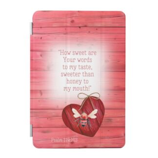 Custom Christian iPad Smart Cover with inspirational faux red wood, heart, orange bee and scripture motifs