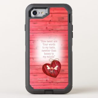Custom Christian Otter Box Defender iPhone cover with inspirational faux red wood, heart, orange bee and scripture motifs
