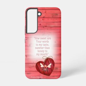 Custom Christian tough glossy phone case (Samsung & iPhone) with faux red wood, heart, orange bee and scripture motifs