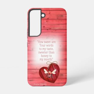 Custom Christian tough glossy phone cover (Samsung & iPhone) with faux red wood, heart, orange bee and scripture motifs