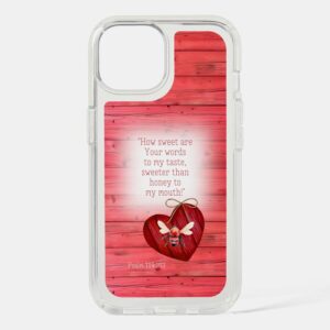 Custom Christian Speck Presidio Clear iPhone case with inspirational faux red wood, heart, orange bee and scripture motifs