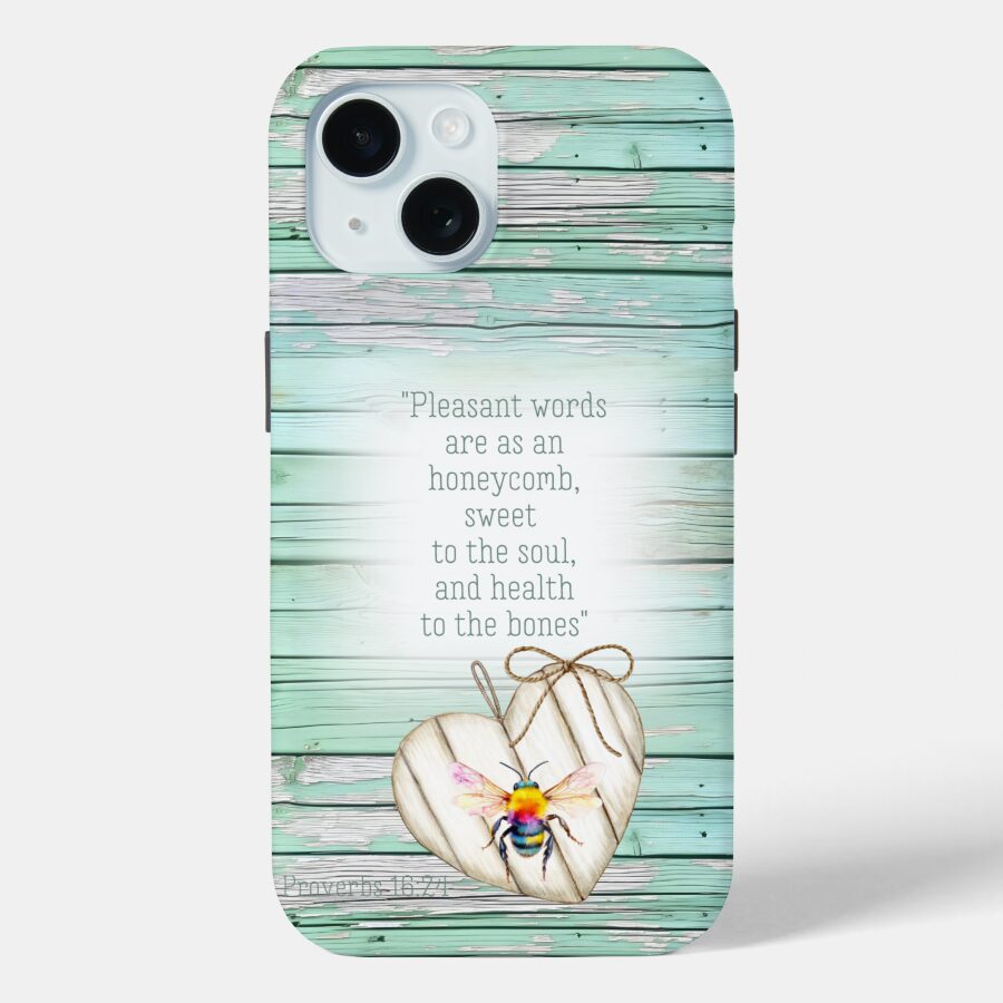 Custom Christian Case-Mate iPhone cover with inspirational faux green wood, heart, rainbow bee and faith accents