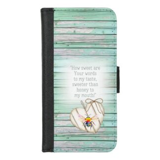 Custom Christian universal faux leather wallet phone cover with faux green wood, heart, rainbow bee and faith accents