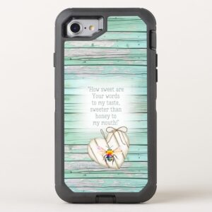 Custom Christian Otter Box Defender iPhone case with inspirational faux green wood, heart, rainbow bee and faith accents