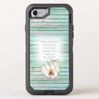 Custom Christian Otter Box Defender iPhone cover with inspirational faux green wood, heart, rainbow bee and faith accents