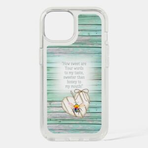 Custom Christian Speck Presidio Clear iPhone case with inspirational faux green wood, heart, rainbow bee and faith accents