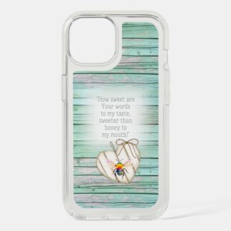 Custom Christian Speck Presidio Clear iPhone cover with inspirational faux green wood, heart, rainbow bee and faith accents
