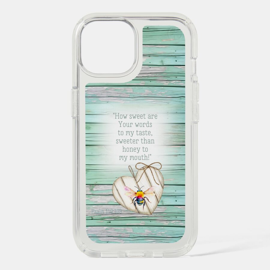 Custom Christian Speck Presidio Clear iPhone cover with inspirational faux green wood, heart, rainbow bee and faith accents