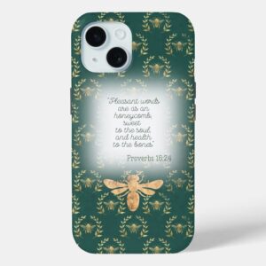 Custom Christian Case-Mate iPhone case with dark green, gold bee wreath matrix, gold bee and scripture accents