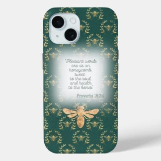Custom Christian Case-Mate iPhone cover with dark green, gold bee wreath matrix, gold bee and scripture accents