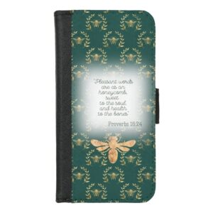 Custom Christian universal faux leather wallet phone case with dark green, gold bee wreath matrix, gold bee and scripture accents